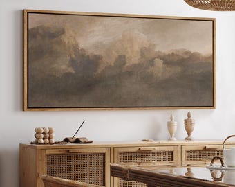 Moody Cloud Landscape Wall Art, Large Framed Brown & Beige Abstract Sky Canvas Print, Atmospheric Nature Decor for Living Room or Office