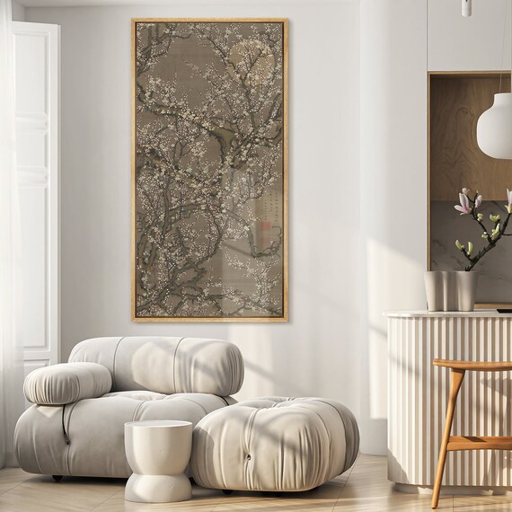 Framed Canvas Large Wall Art Prints Traditional Chinese Plum Blossom Branches Illustrations Vintage Panoramic Wall Art Living Room Decor