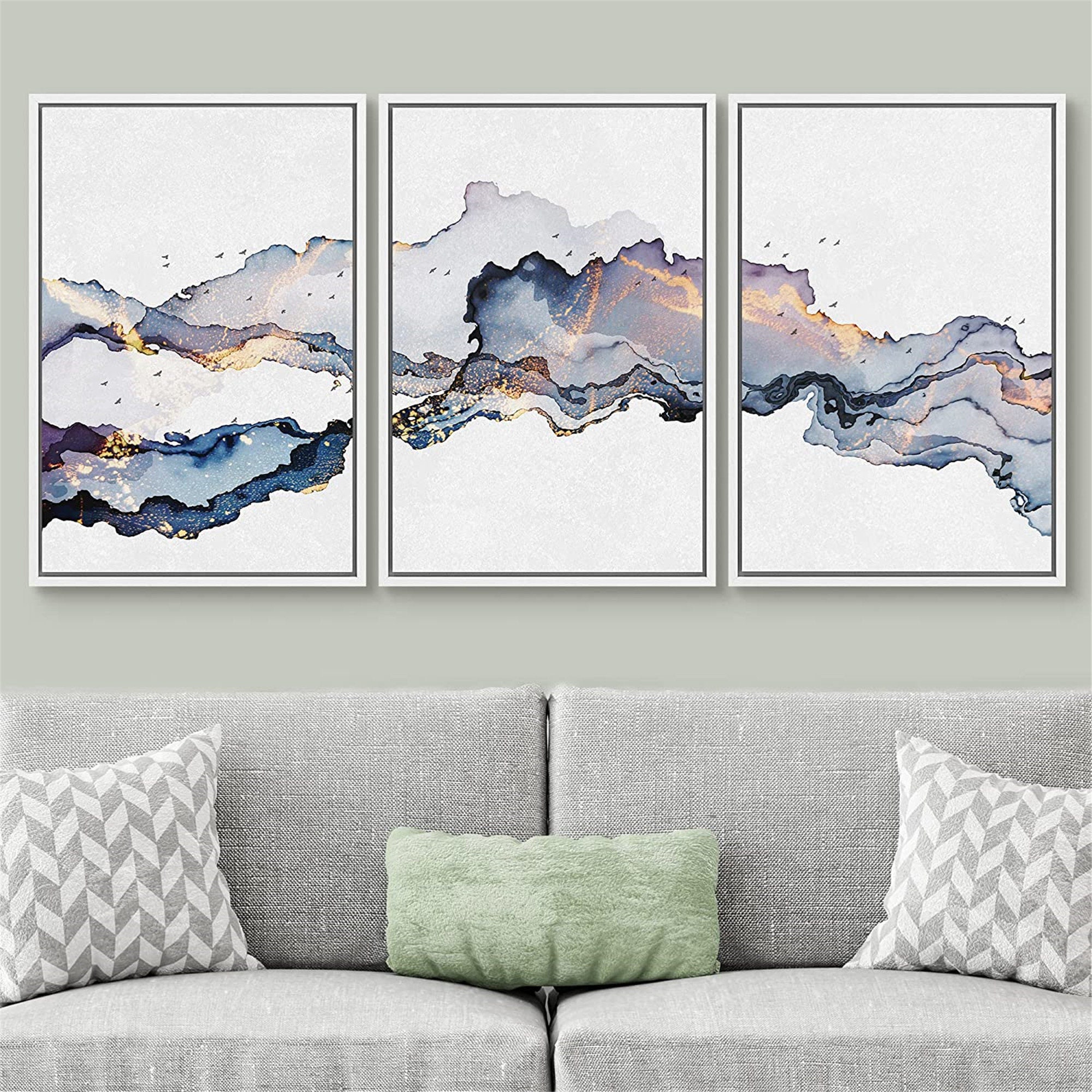 Dustinway Framed Canvas Print Wall Art Set of 3 Blue Gold Etsy