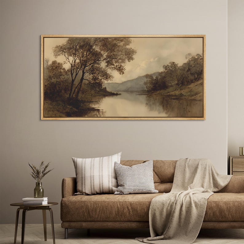 Large Framed Vintage River Landscape Wall Art, Misty Mountain Lake ...