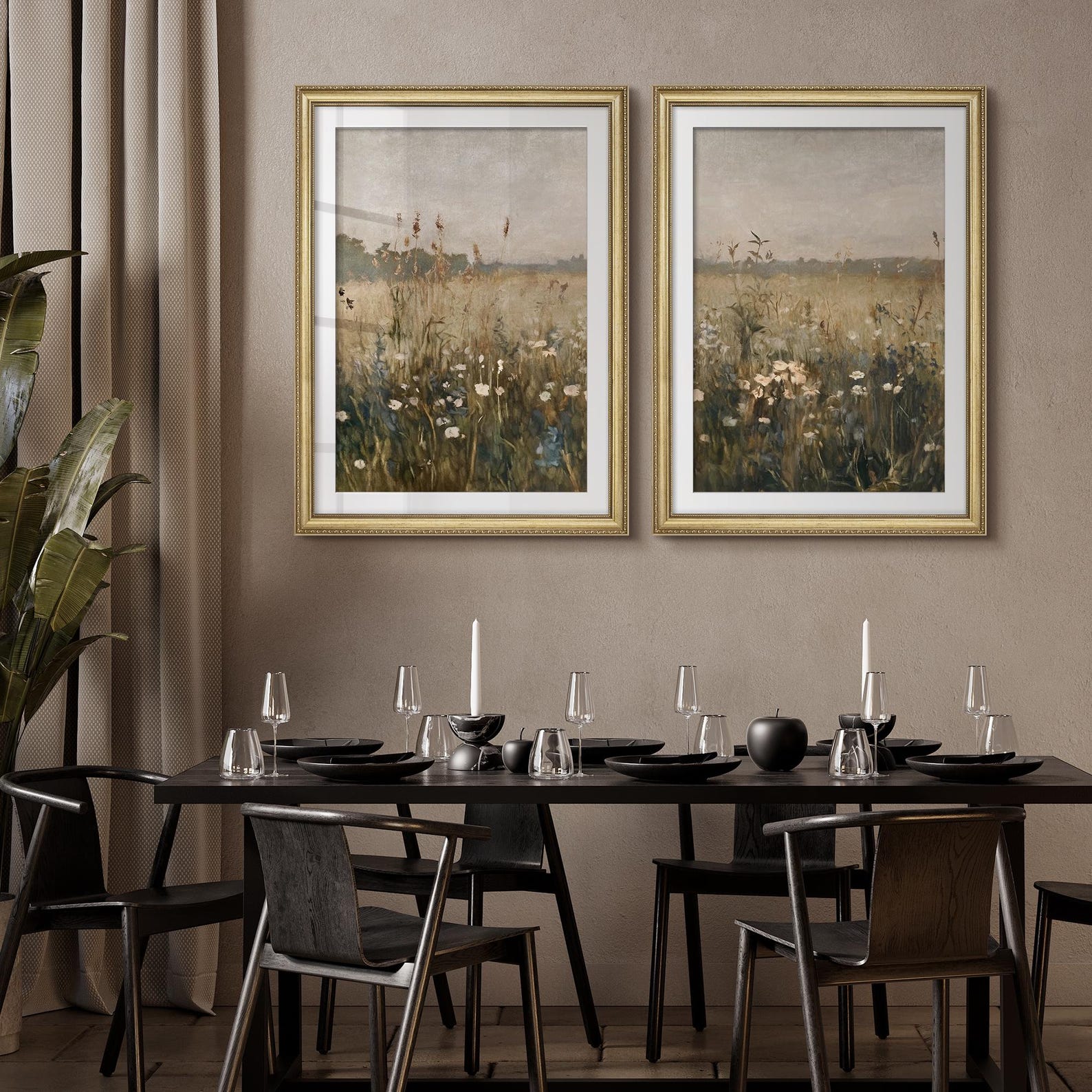 Framed Wildflower Field Wall Art Set of 2, Vintage Pastoral Landscape ...