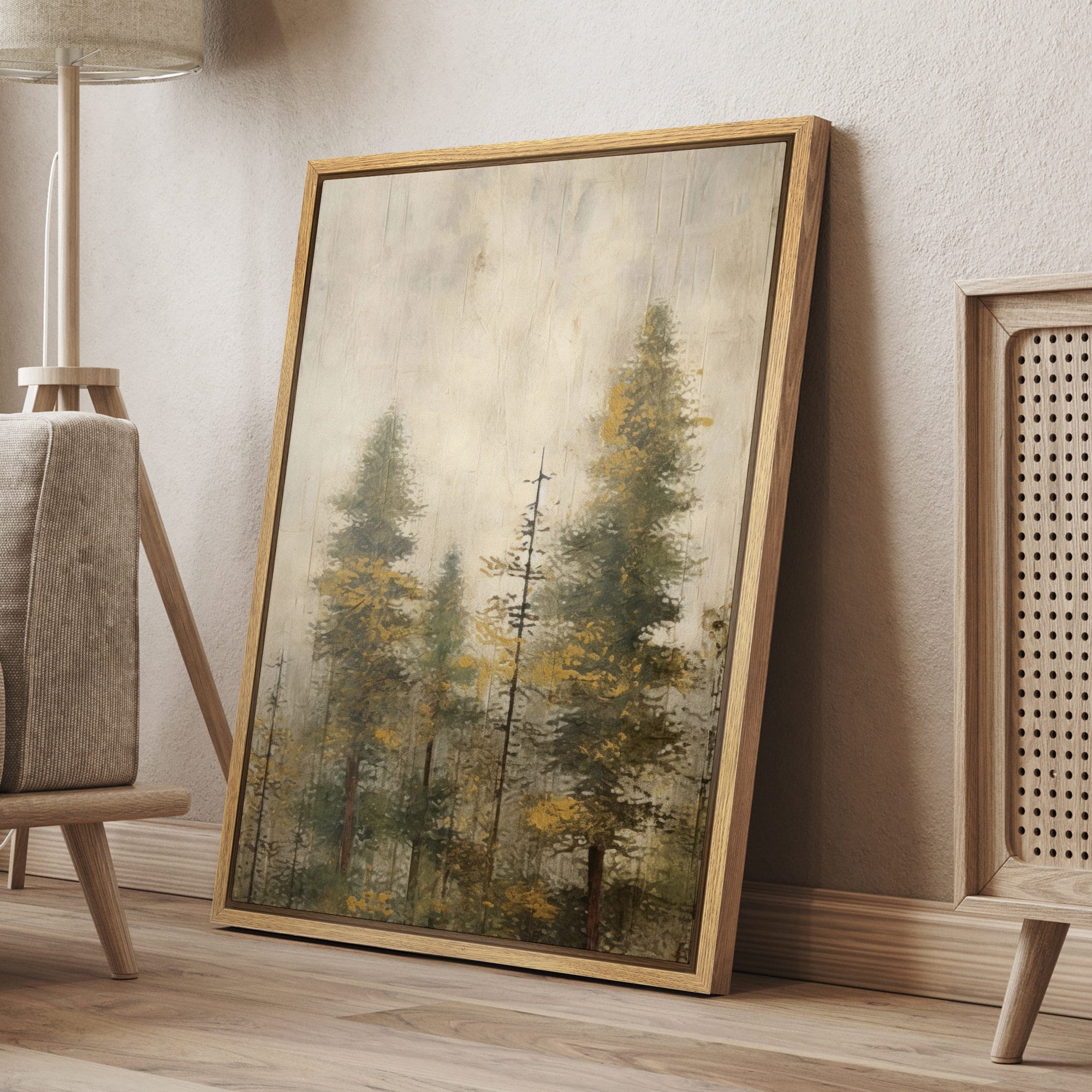 Framed Canvas Wall Art Print Pine Tree Misty Forest Landscape Nature Art Print Minimalist Modern Vintage Wall Art Living Room Decor