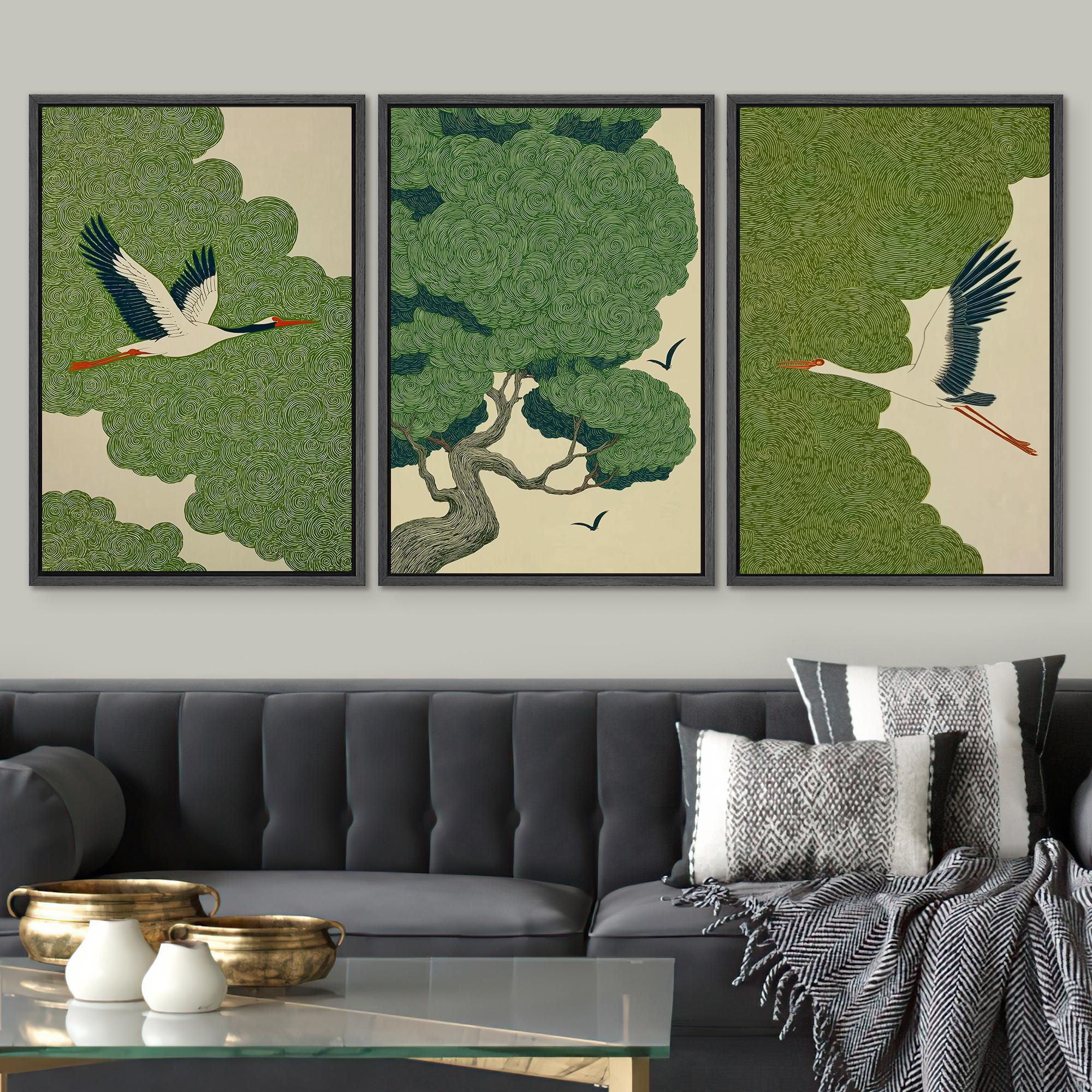 Japandi Crane Wall Art Set of 3, Framed Asian Style Flying Bird