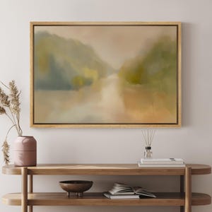 Misty River Wall Art - Framed Abstract Landscape Canvas Print, Earth Tone Minimalist Painting for Tranquil Living Room or Bedroom