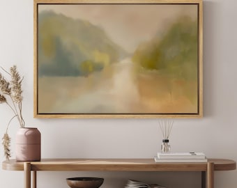 Misty River Wall Art - Framed Abstract Landscape Canvas Print, Earth Tone Minimalist Painting for Tranquil Living Room or Bedroom