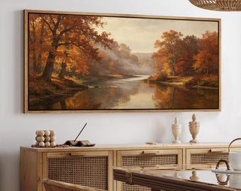 Large Vintage Autumn River Framed Wall Art, Misty Fall Oak Forest Reflection Canvas Print, Rustic Farmhouse Decor