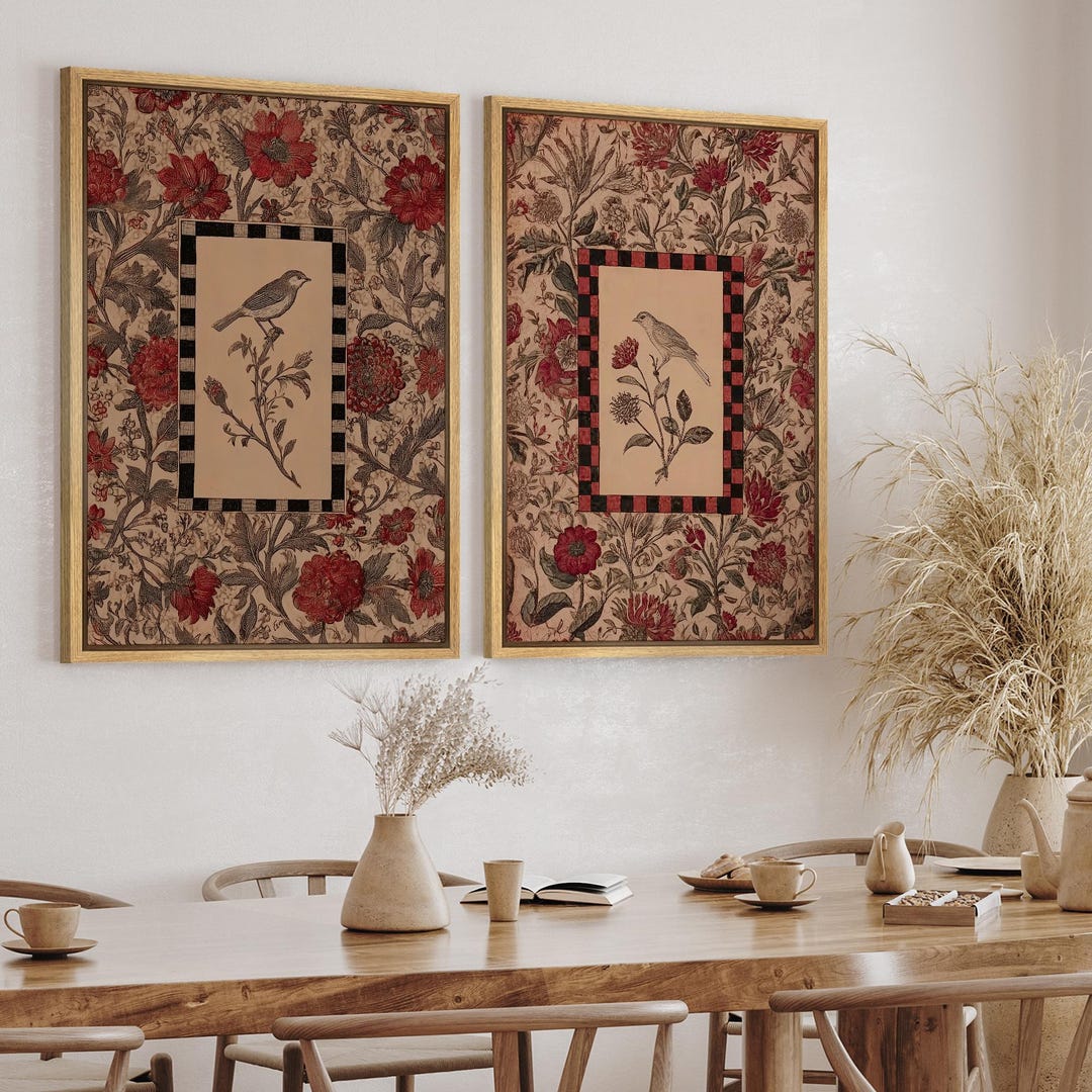 Framed Vintage Botanical Bird Wall Art Set of 2, Red Floral Garden ...