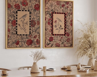 Framed Vintage Botanical Bird Wall Art Set of 2, Red Floral Garden Canvas Prints, Cottagecore Nature Decor for Living Room Bedroom