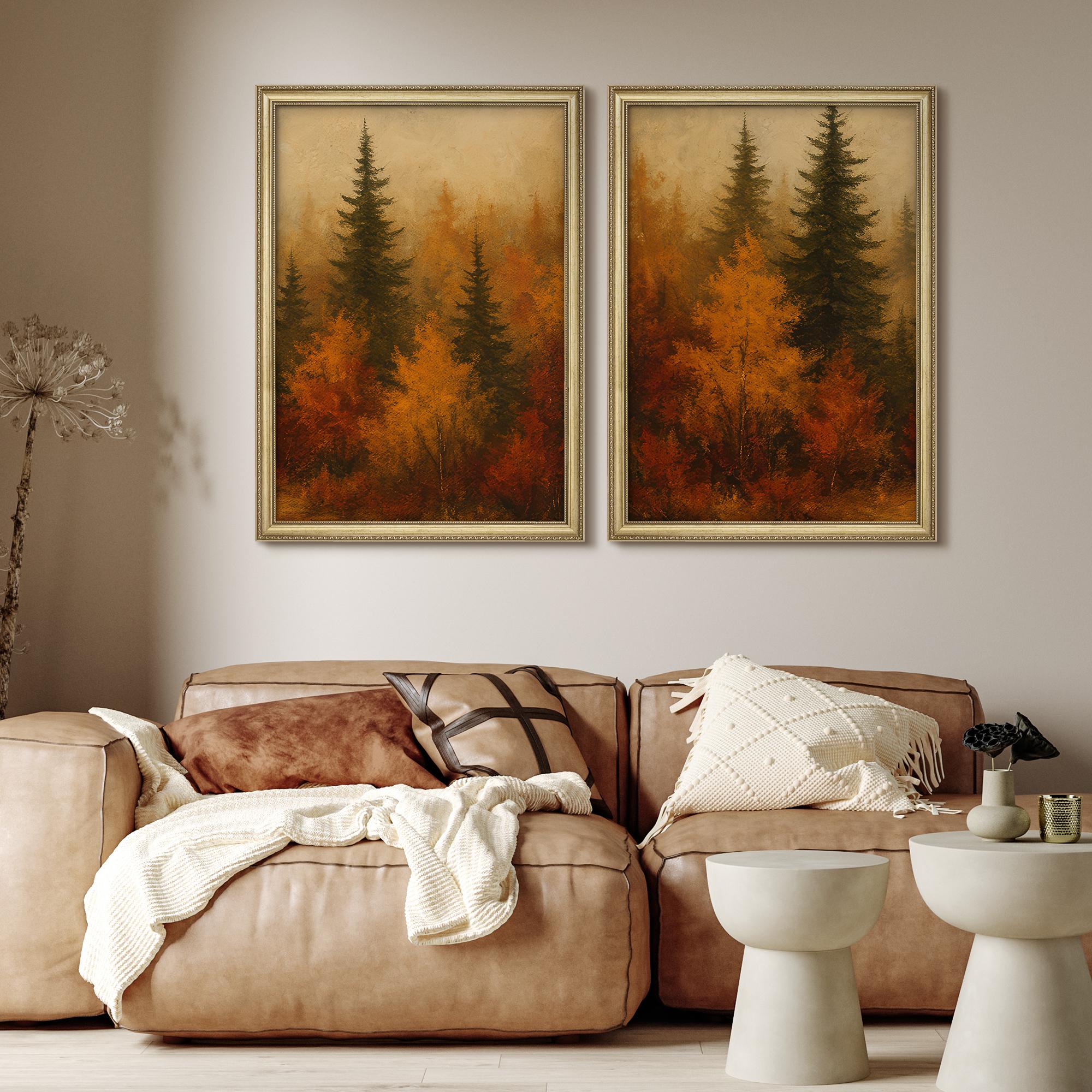 Framed Autumn Forest Wall Art Set of 2, Fall Pine Tree Landscape Prints ...