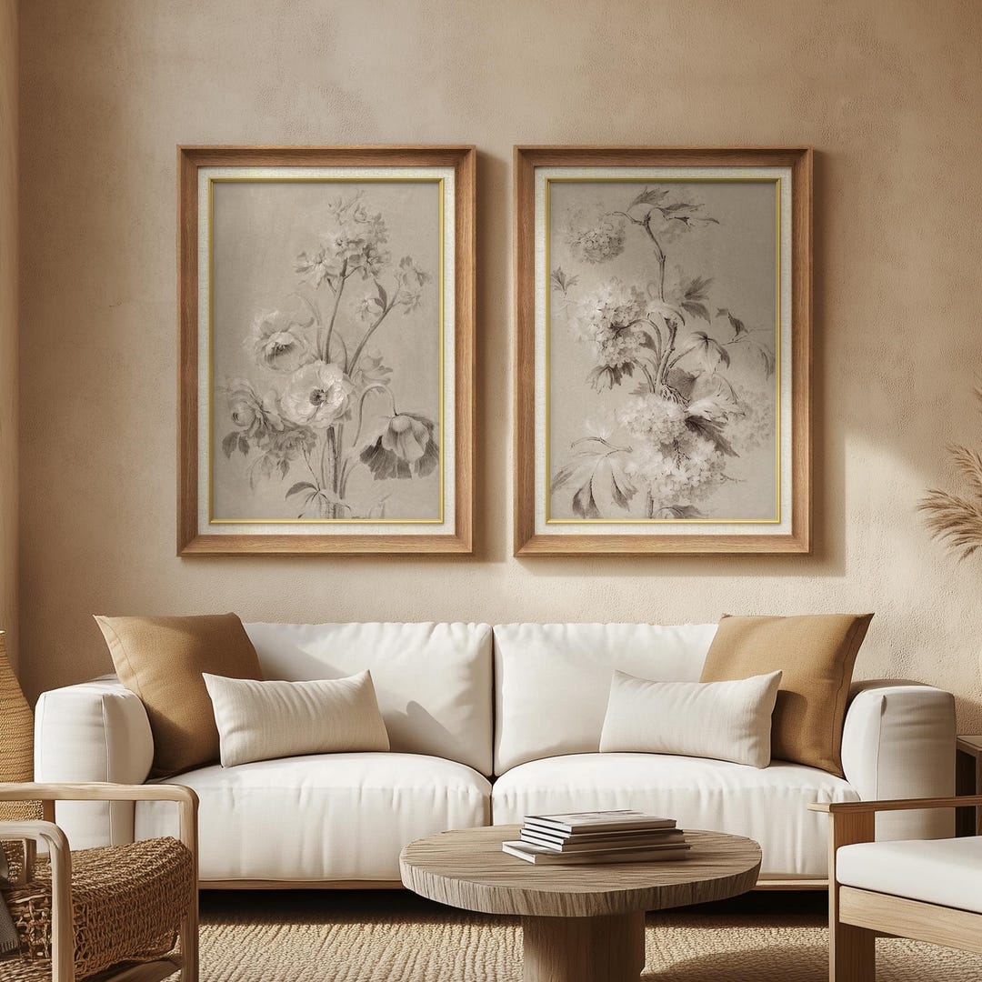 Framed Vintage Floral Wall Art Set of 2, Neutral Botanical Prints ...