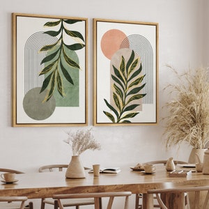 DustinWay Framed Canvas Print Wall Art Set of 2 Jungle Palm Leaf Polygon Abstract Shapes Illustrations Mid Century Modern Art Boho Decor