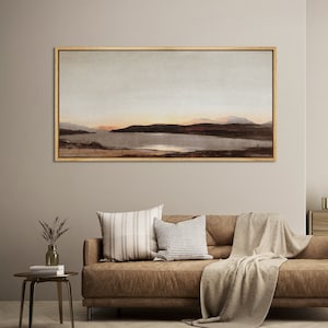 Framed Canvas Wall Art Abstract Lake Landscape Retro Panoramic Wall Art Mid Century Modern Oversized Large Wall  Art Horizontal Prints