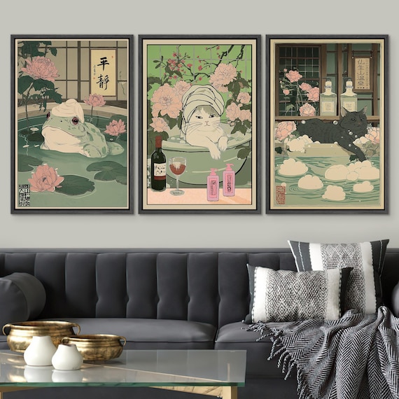 日本限定　Onsen frog cat Ban Japanese Bathhouse Art Set of 3 - Framed Playful Frog & Cat Onsen