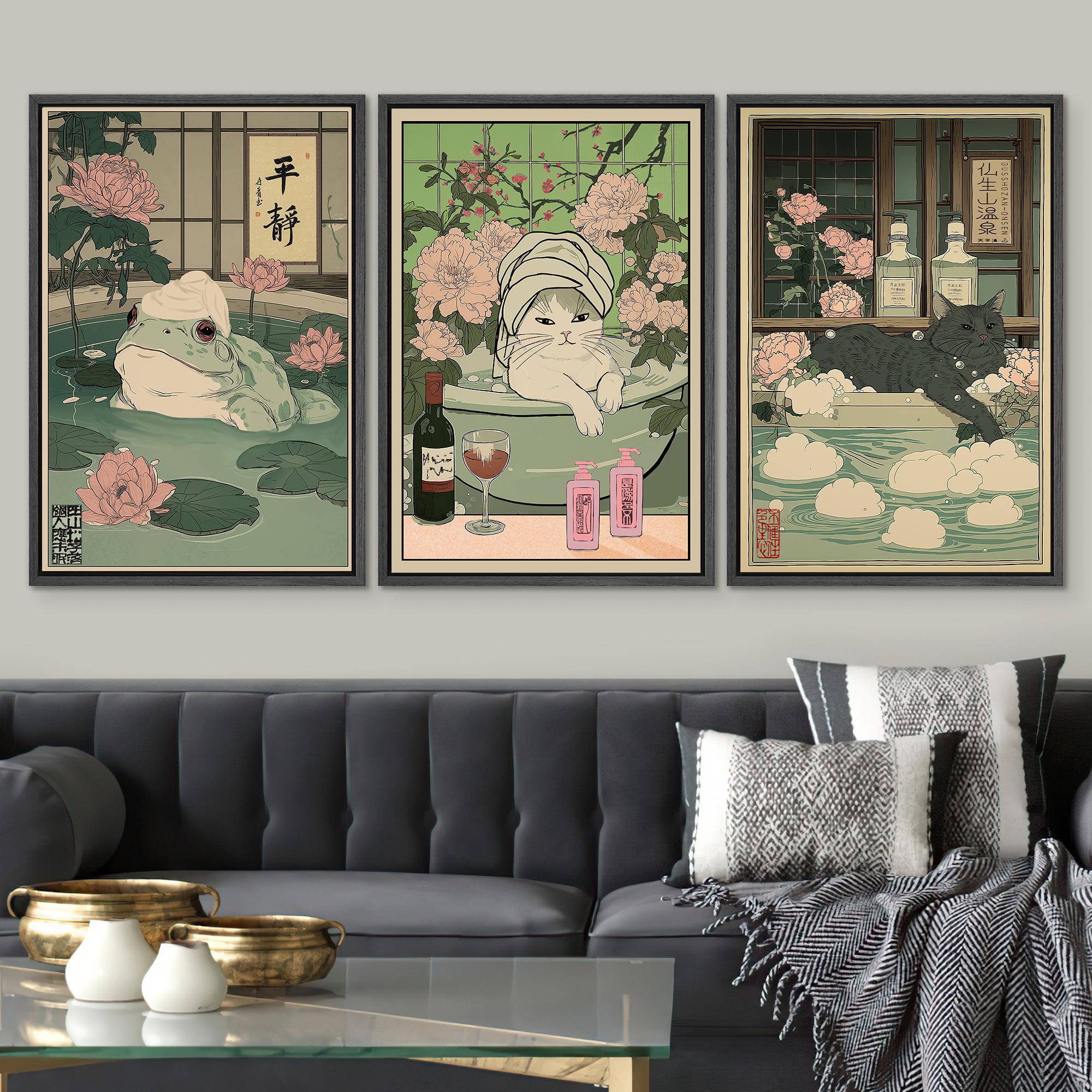 Japanese Bathhouse Art Set of 3 - Framed Playful Frog & Cat Onsen