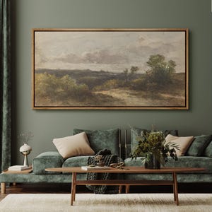 Watercolor Countryside Landscape Wall Art, Large Framed Soft Hill & Sky Canvas Print, Vintage Nature Artwork for Farmhouse Living Room Decor