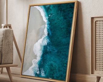 DustinWay Framed Canvas Print Wall Art Emerald Green Beach Ocean Photography Minimalist Modern Art Coastal Wall Decor