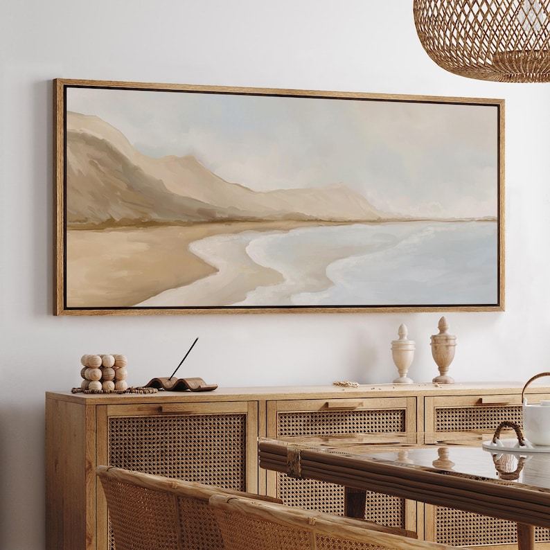 Coastal Seascape Wall Art - Large Framed Ocean Waves & Mountains Canvas ...