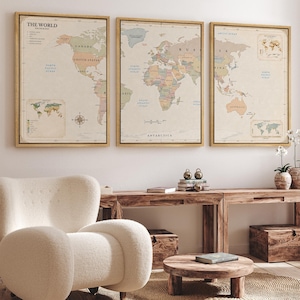 World Map Framed Wall Art Set of 3, Vintage Political Map Canvas Prints, Triptych Geography Decor for Office or Living Room