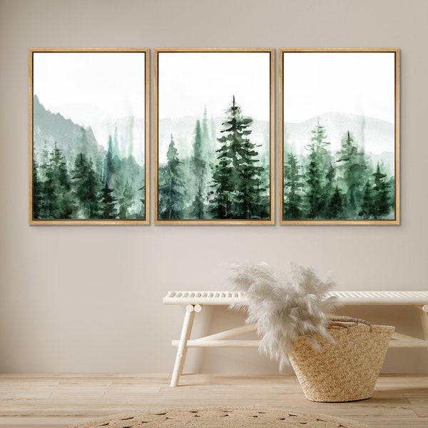 DustinWay Framed Canvas Print Wall Art Set of 3 Green Forest Mountain Landscape Modern Art Minimalist Nature Decor