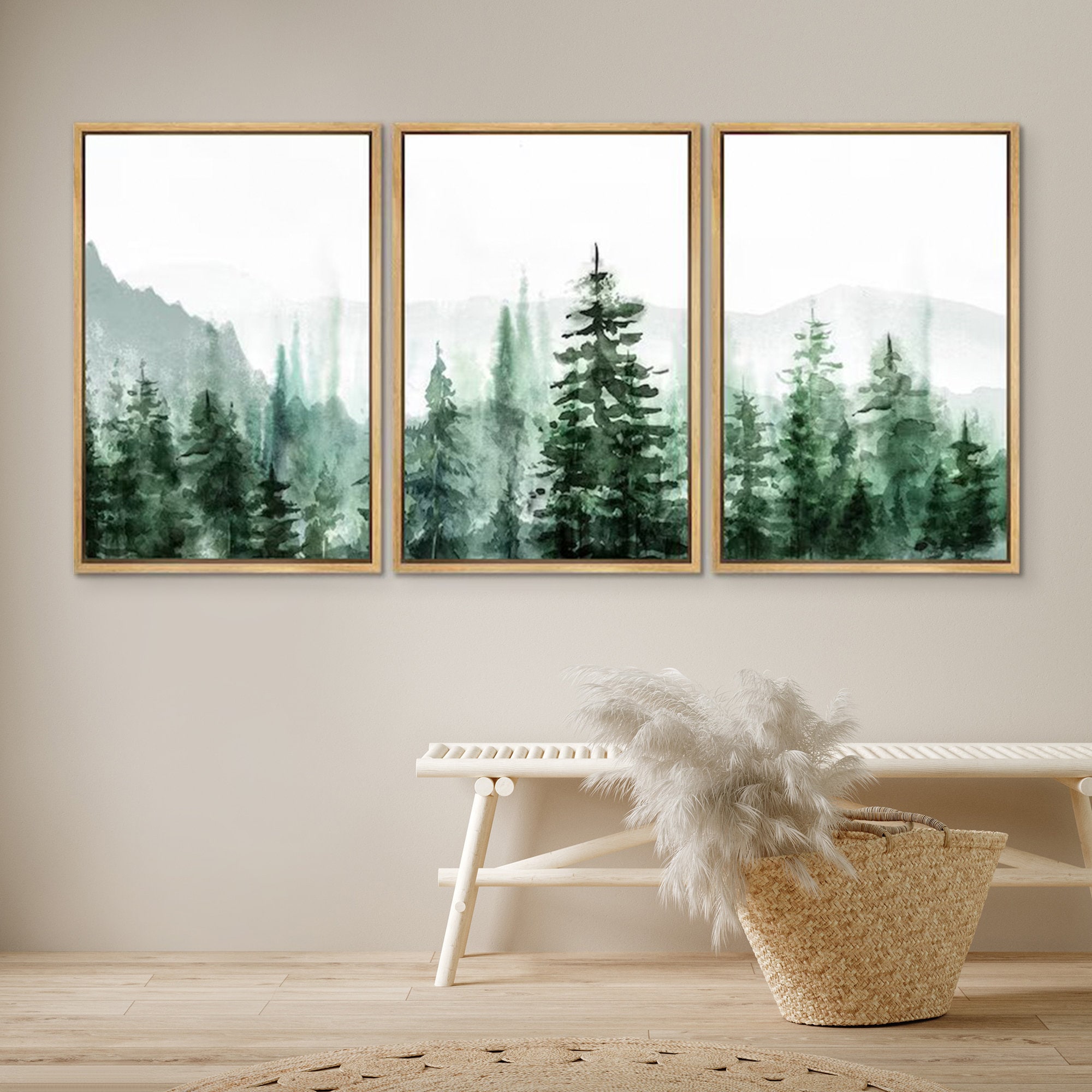 Dustinway Framed Canvas Print Wall Art Set of 3 Green Forest Mountain ...
