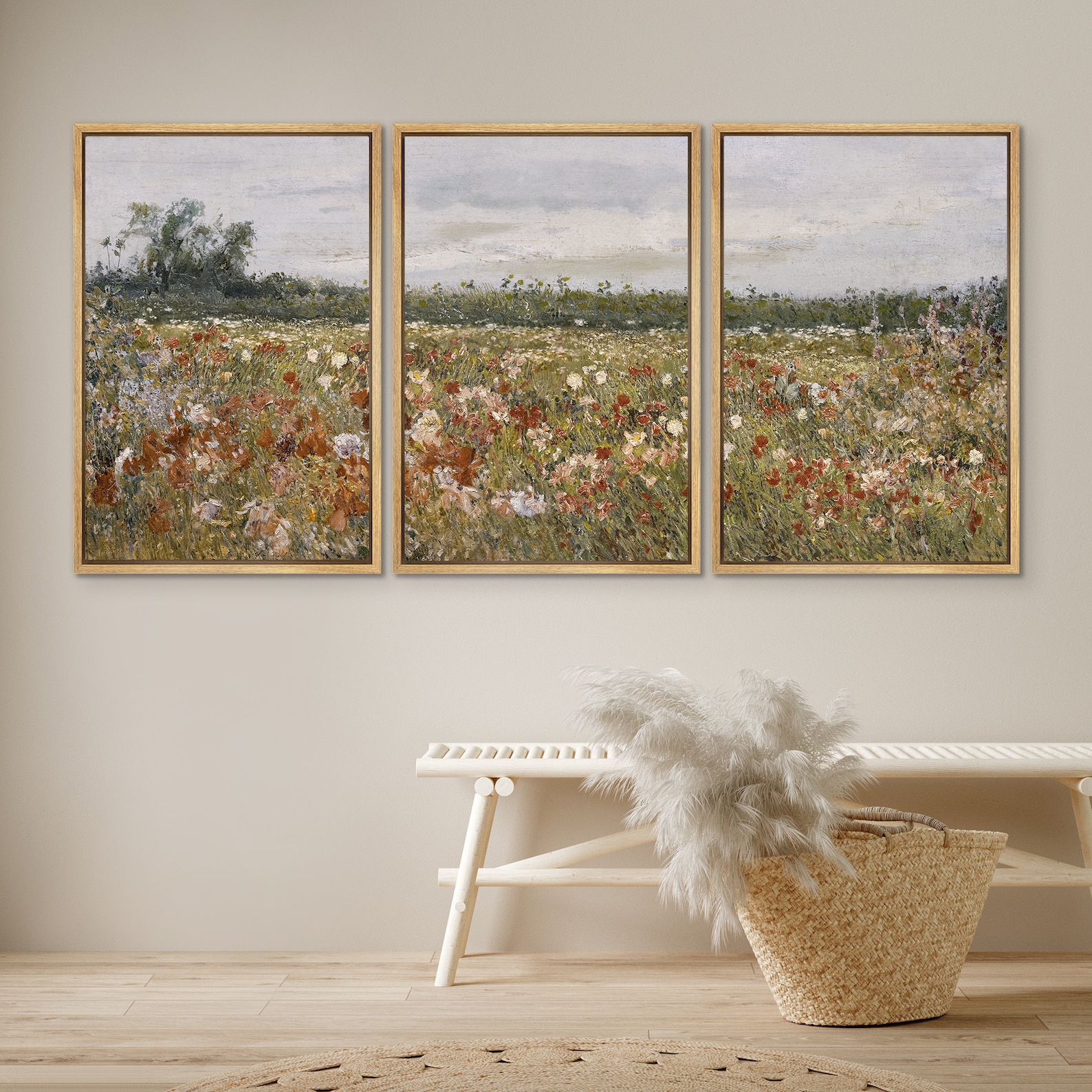 Framed Canvas Wall Art Print Set Abstract Wildflower Field Landscape ...
