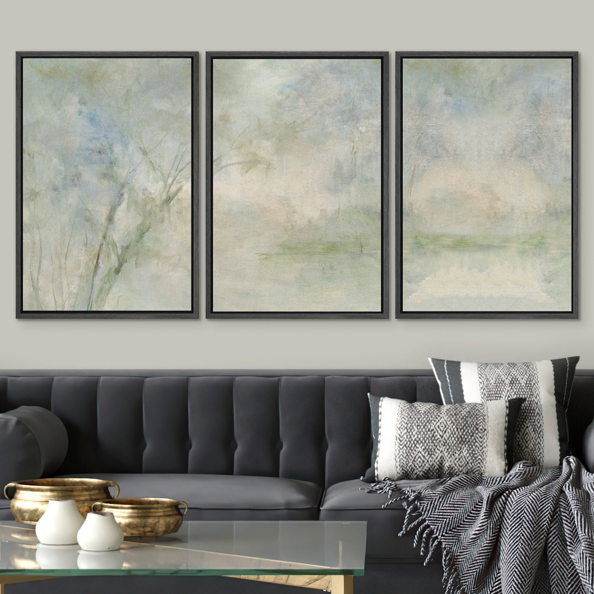 Framed Canvas Wall Art Set of 3 Sage Green Abstract Landscape Prints ...