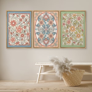 DustinWay Framed Canvas Print Wall Art Set of 3 Flowers Pattern Floral Botanical Illustrations Modern Art Vintage Farmhouse Decor
