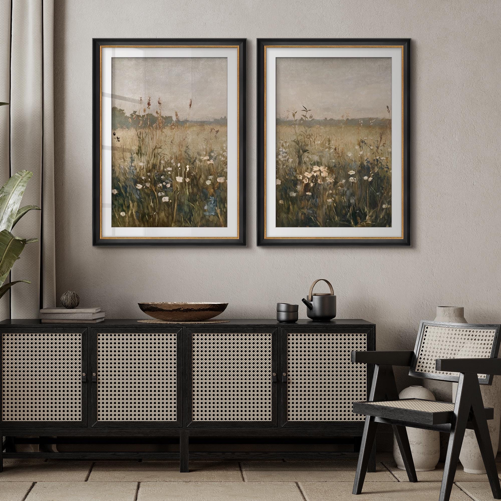 Framed Wildflower Field Wall Art Set of 2, Vintage Pastoral Landscape ...