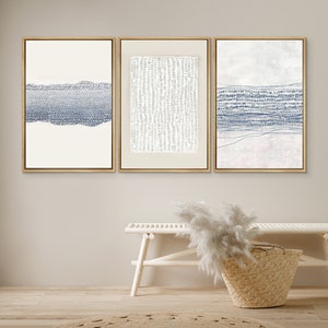 DustinWay Framed Canvas Print Wall Art Set of 3 Blue White Abstract Illustration Modern Art Neutral Minimalist Decor