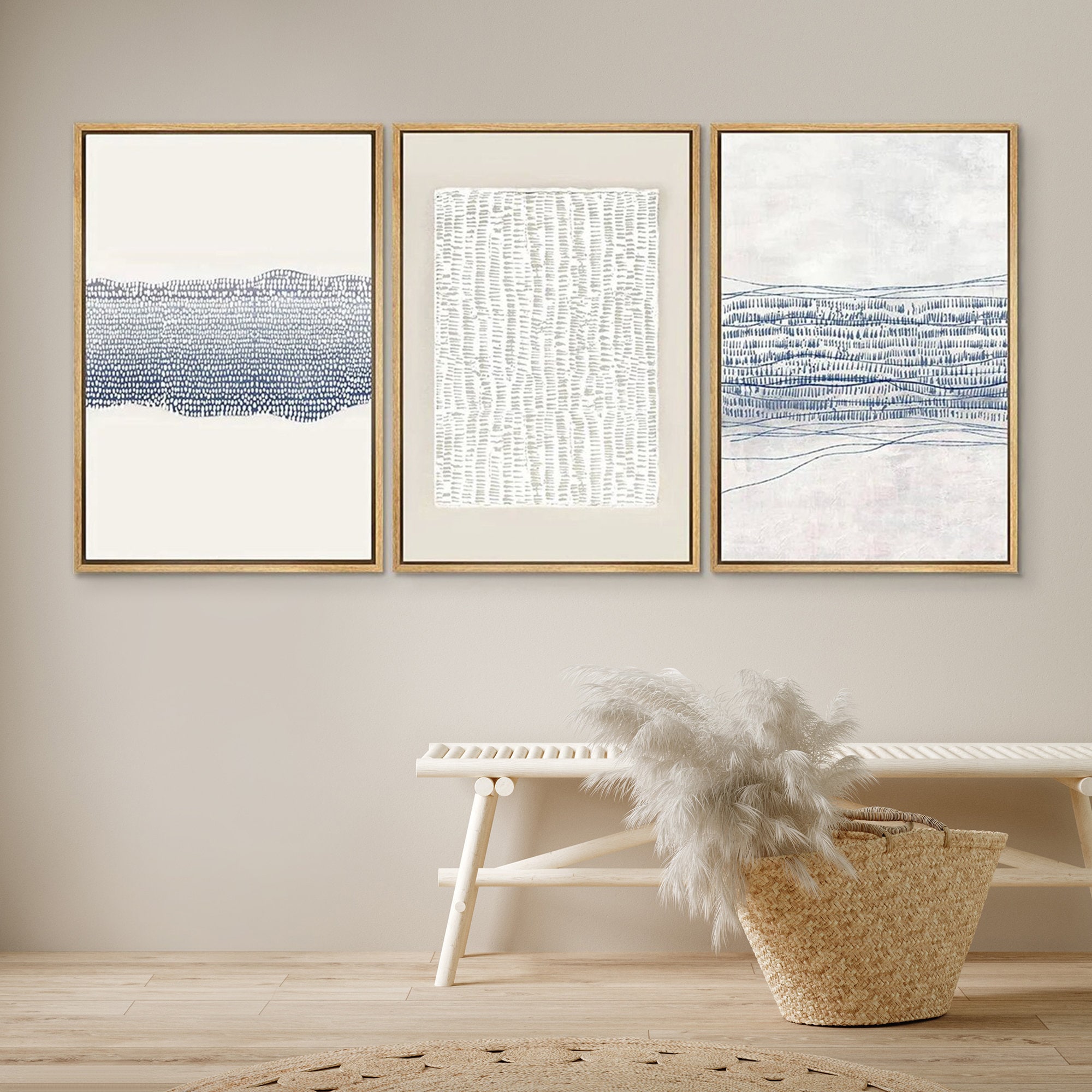 DustinWay Framed Canvas Print Wall Art Set of 3 Blue White Abstract Illustration Modern Art Neutral Minimalist Decor