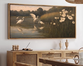 Large White Egret Wetland Framed Wall Art, Vintage Heron Pond Landscape Canvas Print, Wildflower Lake Decor for Living Room