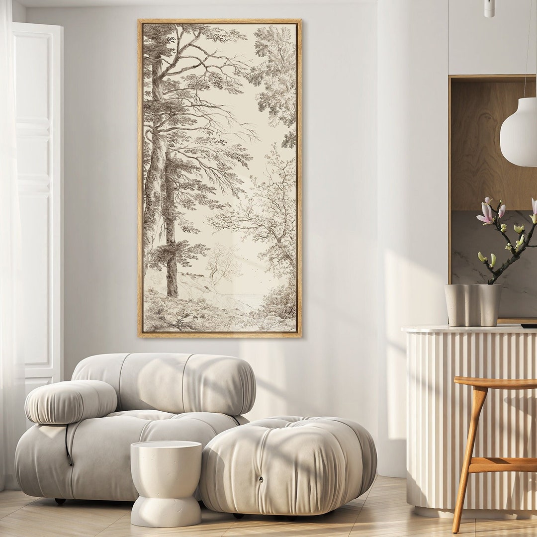 Large Wall Art, Sketch Plant Tree Forest Art, Long Narrow Vertical Art