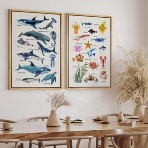 DustinWay Framed Canvas Print Wall Art Set Marine Life Ocean Sea Animals Miniamlist Modern Art Neutral Nursery Decor