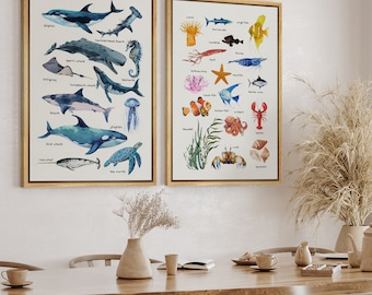 DustinWay Framed Canvas Print Wall Art Set Marine Life Ocean Sea Animals Miniamlist Modern Art Neutral Nursery Decor