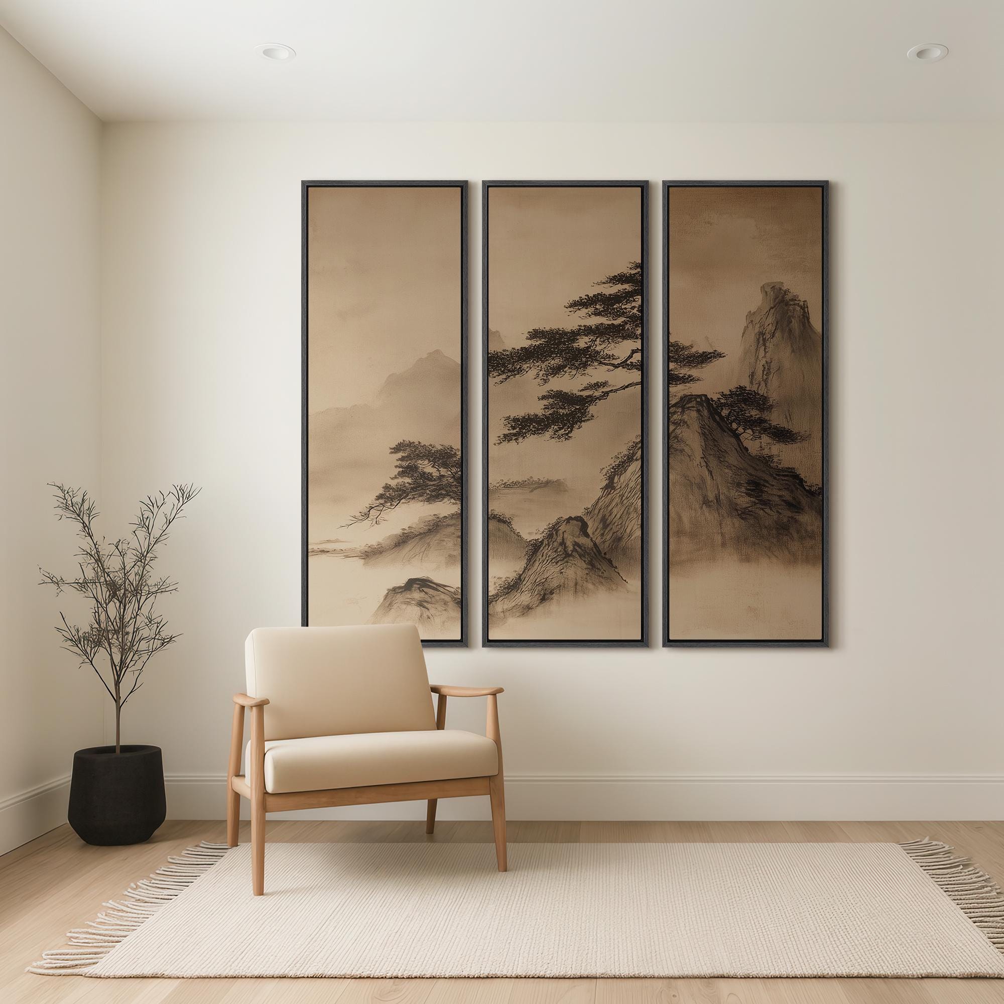 Large Framed Asian Mountain Pine Tree Wall Art Set of 3, Chinese Ink ...