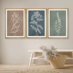 DustinWay Framed Canvas Print Wall Art Set of 3 Wildflower Floral Botanical Illustrations Minimalist Art Neutral Modern Farmhouse Decor