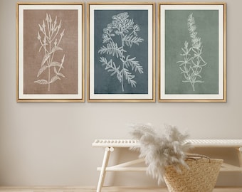 DustinWay Framed Canvas Print Wall Art Set of 3 Wildflower Floral Botanical Illustrations Minimalist Art Neutral Modern Farmhouse Decor