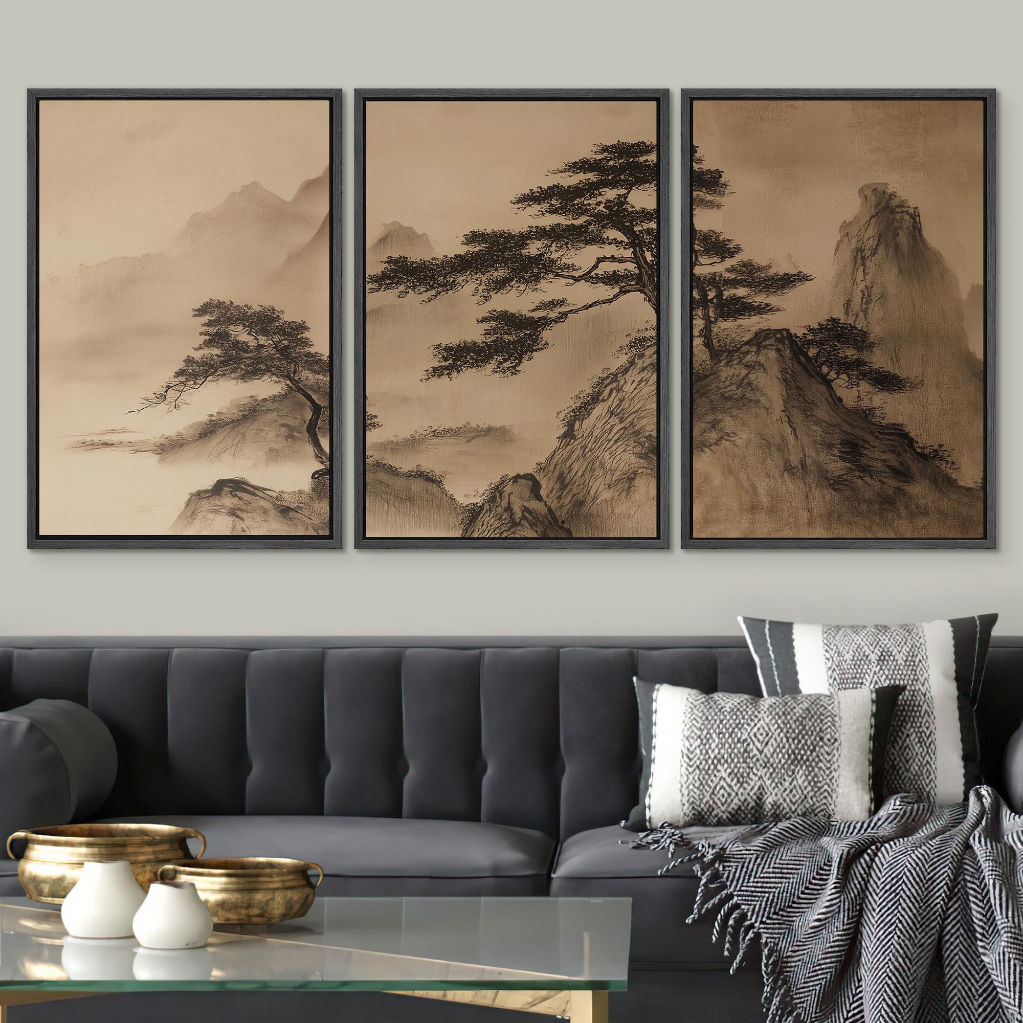 Large Framed Asian Mountain Pine Tree Wall Art Set of 3, Chinese Ink ...