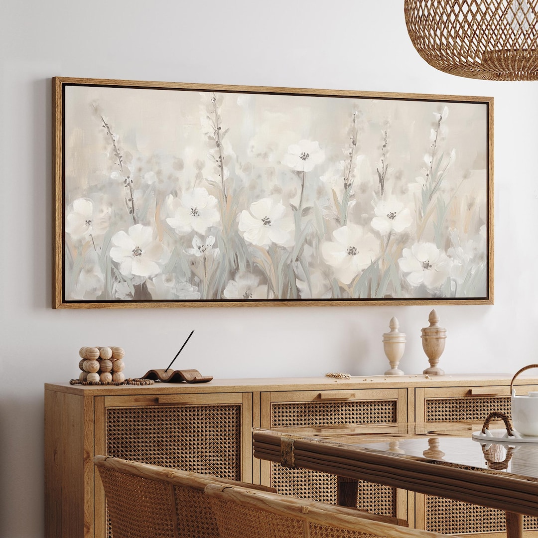 Large Wall Art Framed Canvas Neutral Floral Prints Soft White Flowers ...