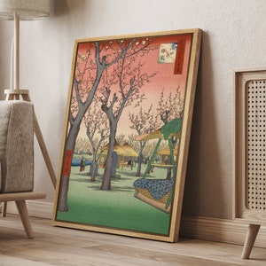 DustinWay Framed Canvas Print Wall Art Ukiyo-E Plum Blossom in Garden Kamata by Utagawa Hiroshige Japanese Art Vintage Decor