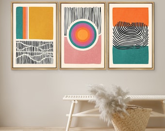 DustinWay Framed Canvas Print Wall Art Set of 3 Color Blocks Abstract Shapes Illustrations Mid Century Modern Wall Art Boho Decor