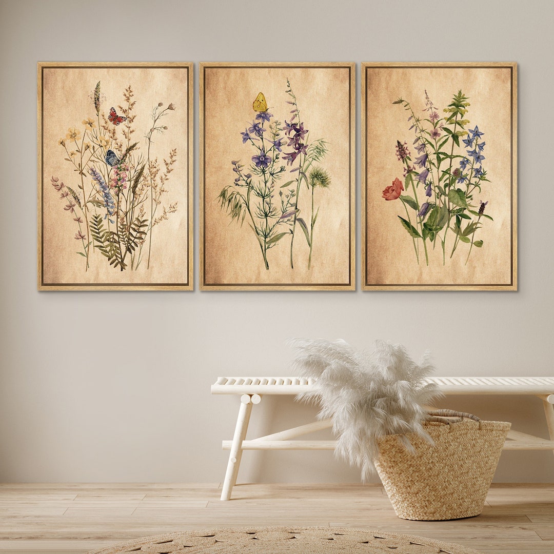 Dustinway Framed Canvas Wall Art Prints Set of 3 Wildflower Botanical ...