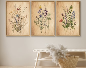 DustinWay Framed Canvas Wall Art Prints Set of 3 Wildflower Botanical Floral Illustrations Vintage Minimalist Modern Wall Art Decor