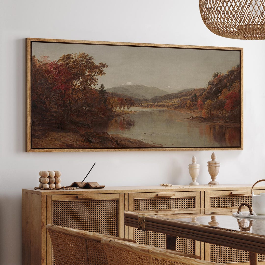 Autumn River Landscape Wall Art - Large Framed Mountain Forest Canvas ...
