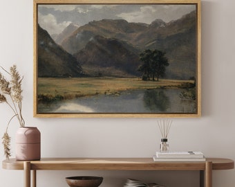 DustinWay Framed Canvas Print Wall Art River Mountain Landscape Vintage Art Modern Farmhouse Wall Decor