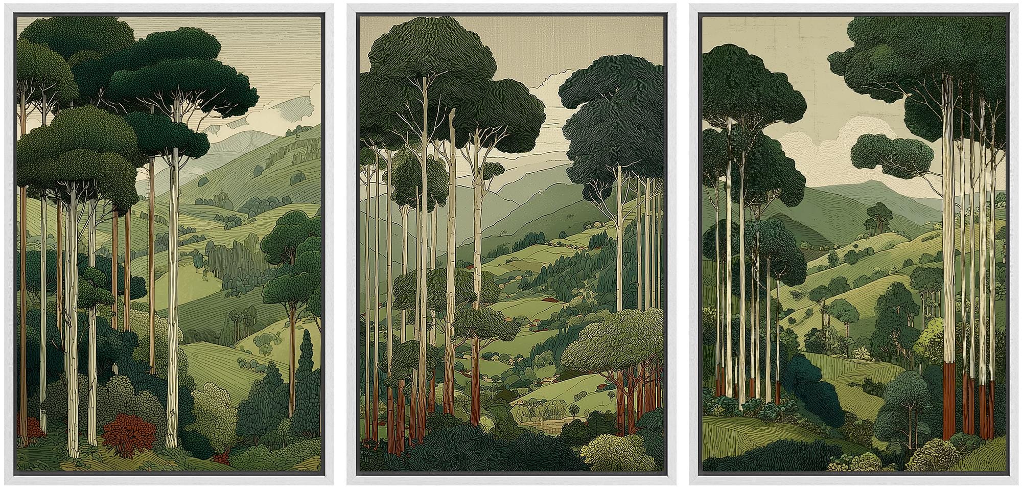 Japanese Forest Landscape Framed Wall Art Set of 3, Retro Woodland