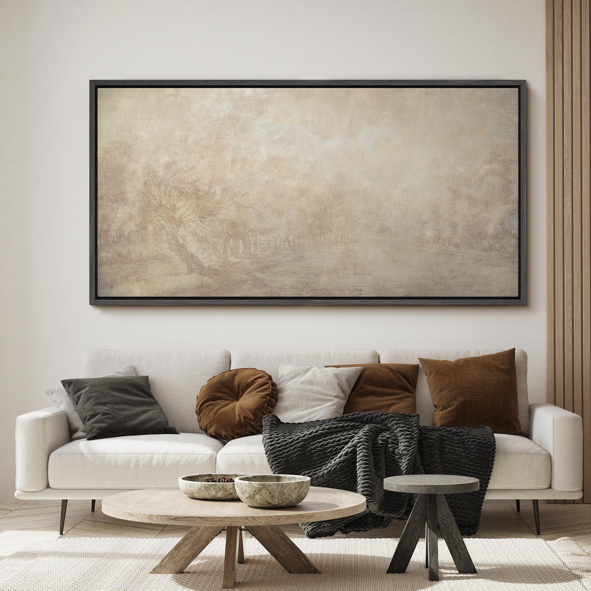 Minimalist Misty Landscape Wall Art, Large Framed Neutral Beige Nature ...