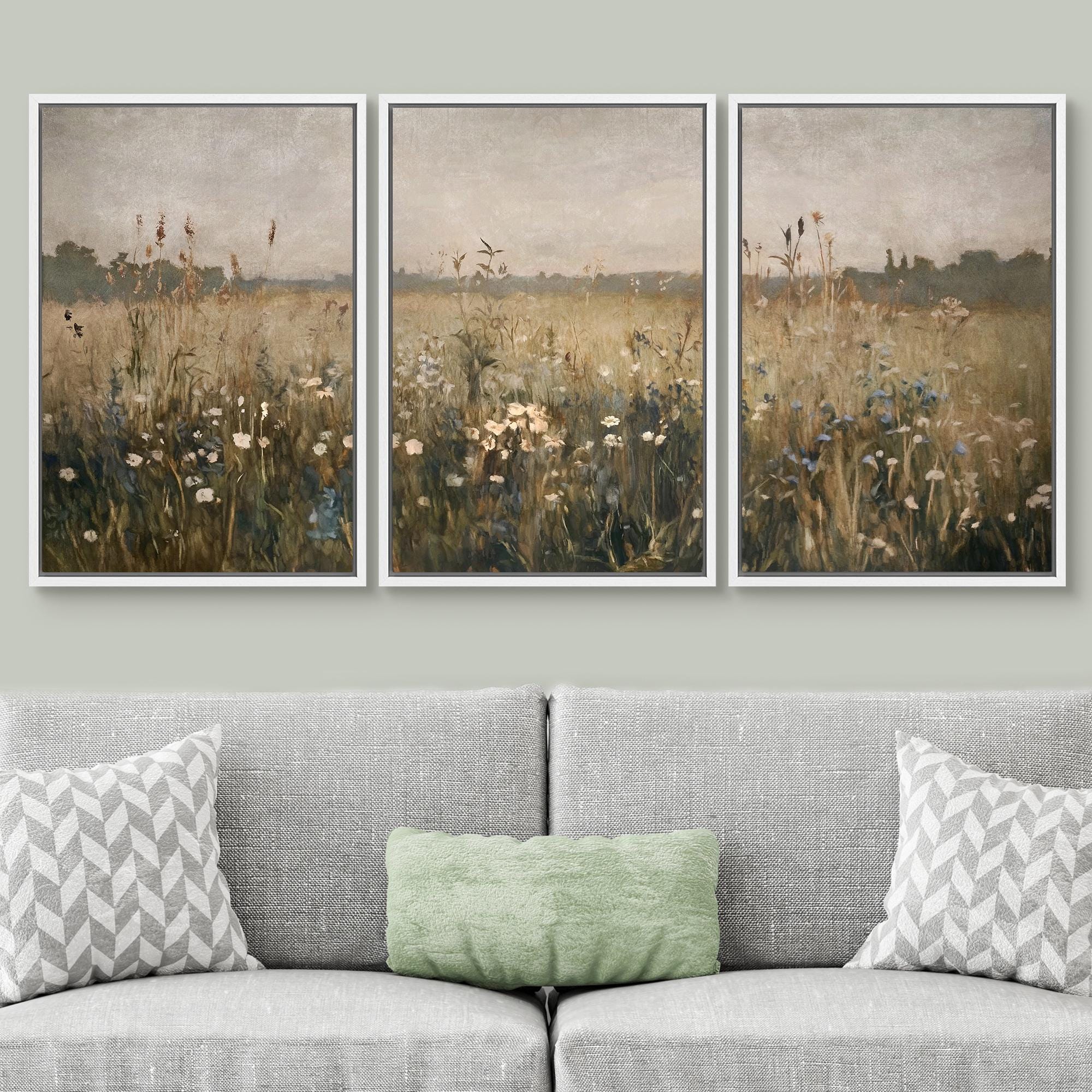Vintage Wildflower Art - Framed Meadow Landscape Canvas Set of 3 ...