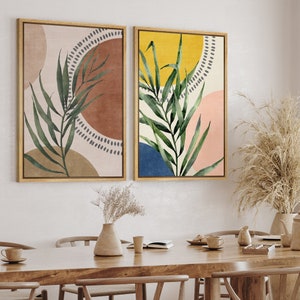DustinWay Framed Canvas Print Wall Art Set of 2 Geometric Circle Plants Abstract Shapes Illustration Mid Century Modern Art Boho Decor
