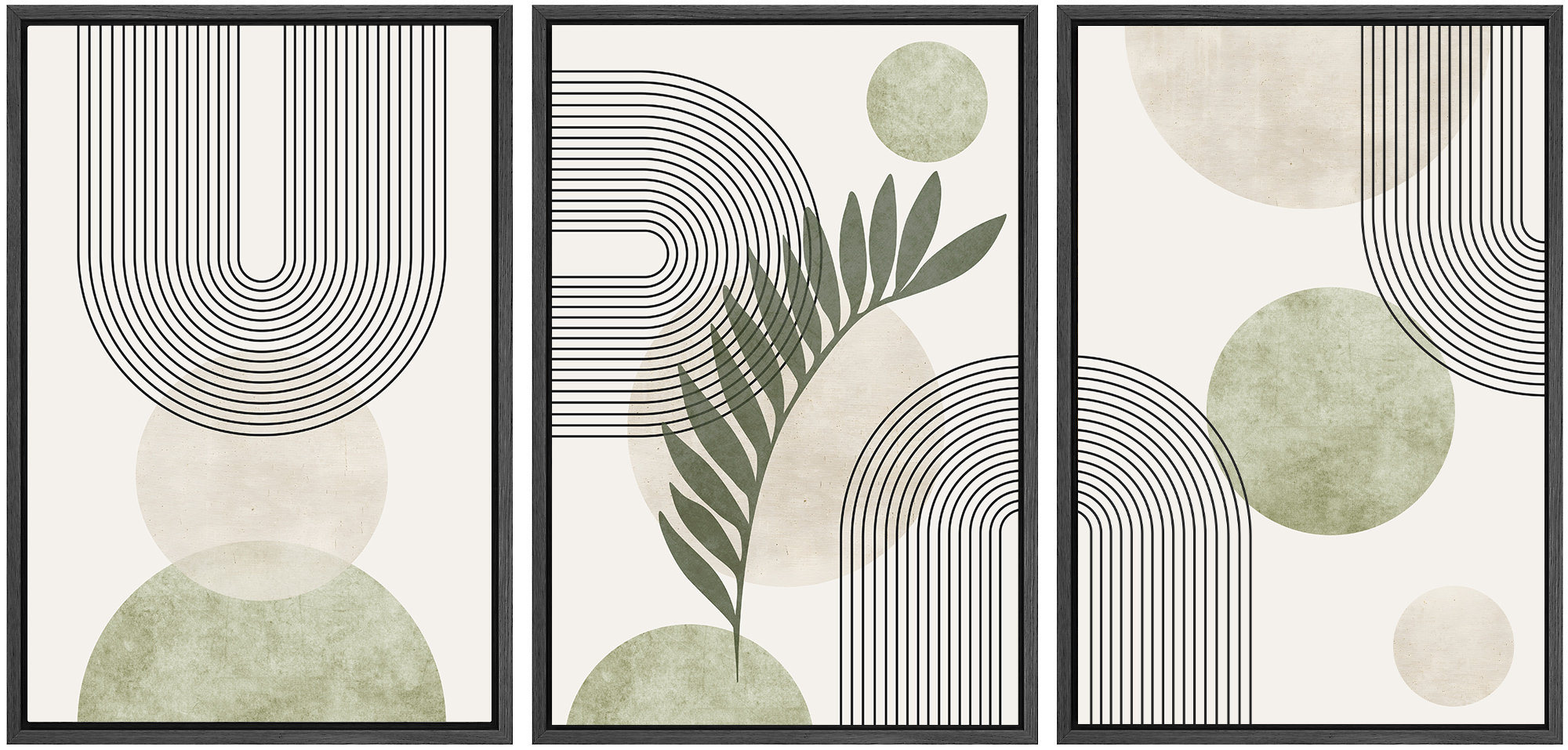 Framed Canvas Wall Art Prints Set of 3 Abstract Sage Green Geometric ...